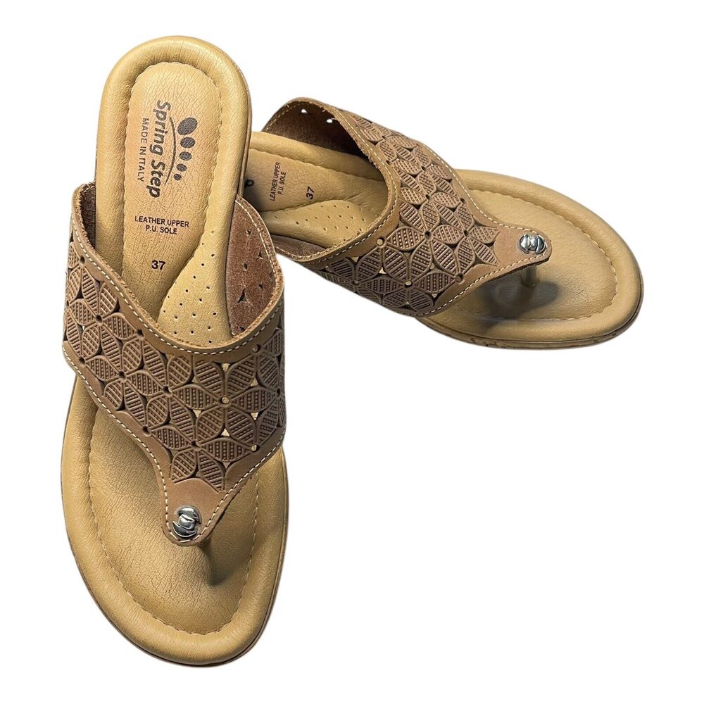 Spring Step Tiffany Thong Sandal Slides Women’s Size 37 Floral Leather Wedge - Picture 2 of 6